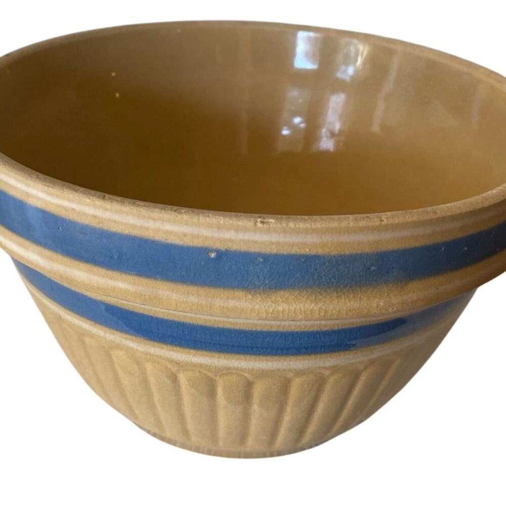 Vintage Yelloware Mixing Bowl. Feather Design. Yellow with Blue and White Stripe